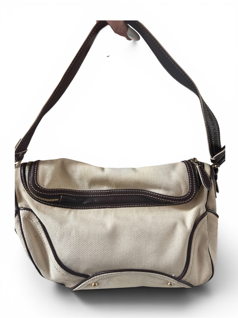 Celine Beige and Brown Shoulder Bag with Contrast Trim